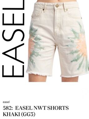 EASEL NWT CREAM KHAKI DENIM SHORTS WITH BOHO GREEN & PEACH TIE-DYE_SZ SM